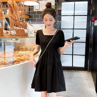 2024夏季新款小个子q短袖连衣裙女赫本风黑色收腰显瘦中长款a字裙