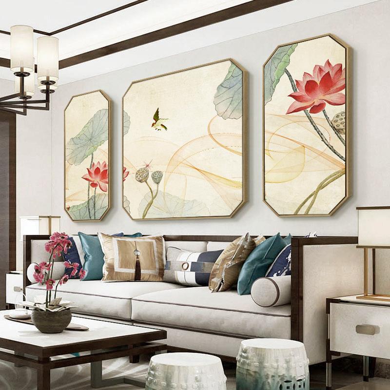 新中式客厅三联装饰画中国风沙发背景墙画茶室禅意荷花挂画九鱼图