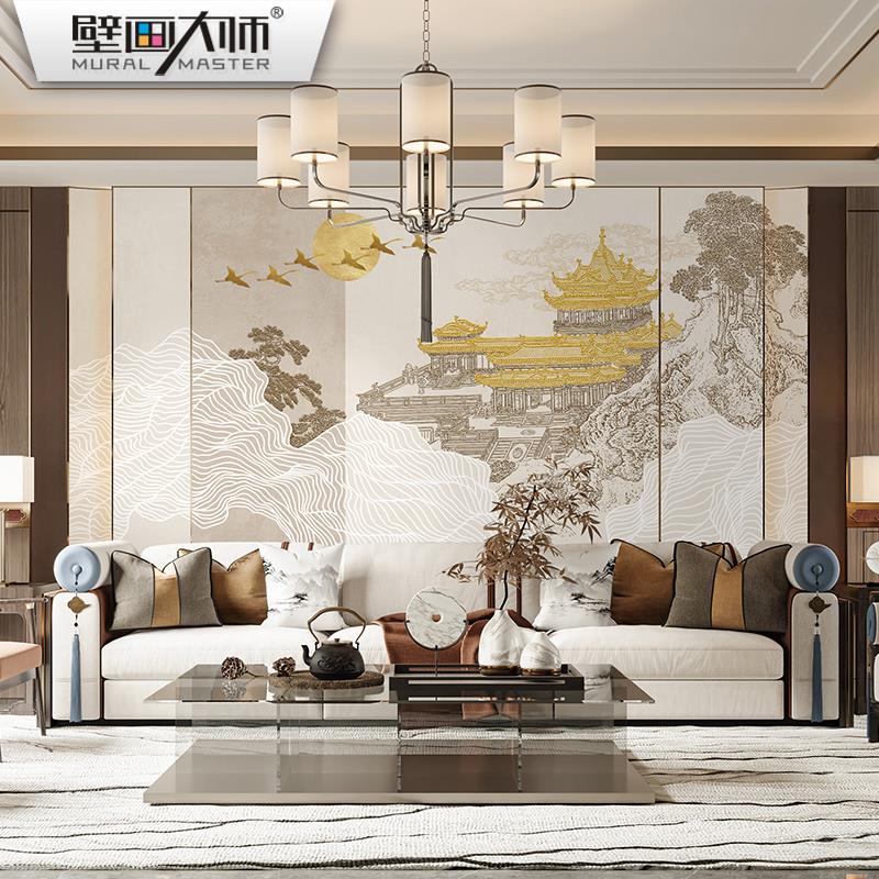 大气新中式山水楼阁壁纸轻奢沙发背景墙壁布茶室饭店装饰壁画2024