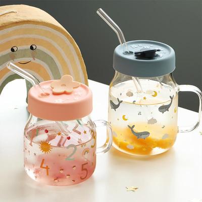 蓝莲花童趣小童水杯吸管可爱家用夏天高颜值杯子带盖子子玻璃吸管