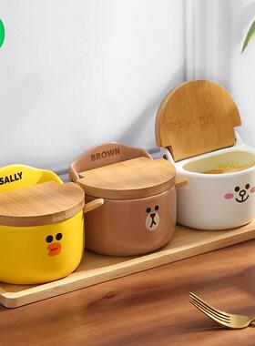 LINE FRIENDS布朗熊陶瓷调料罐调味盒瓶子厨房家用盐罐勺组合套装
