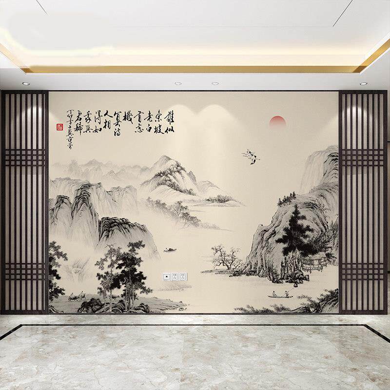 新中式碳晶板电视背景墙水墨山水中国古风字画竹木纤维集成护墙板