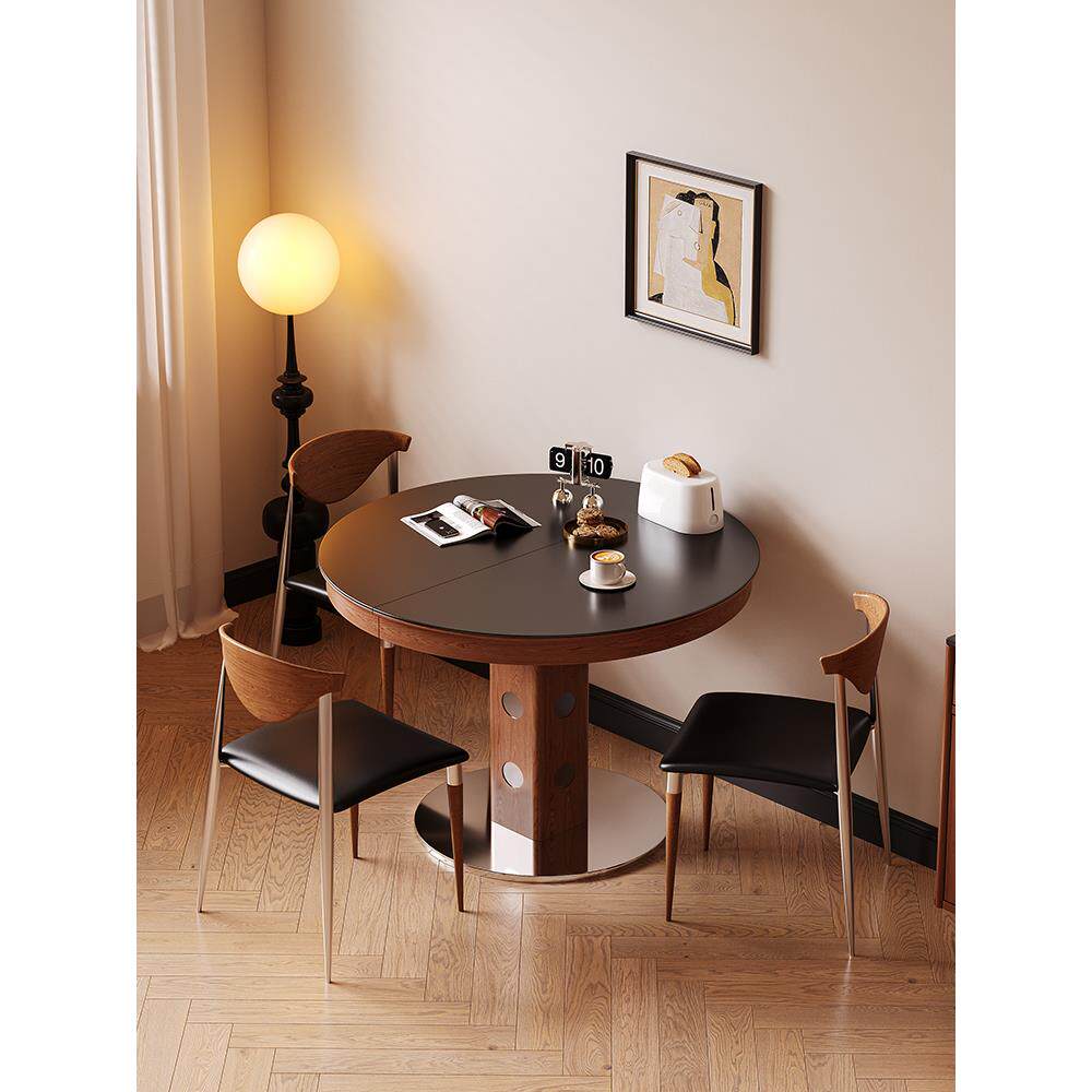 伸缩黑色岩板餐桌覆古实木可折叠椭圆吃饭桌家用小户型中古风餐台