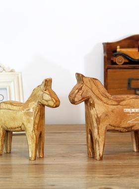 北欧木马摆件木雕复古木质动物小马工艺品家居装饰品结婚礼物摆设