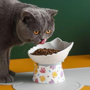 猫碗陶瓷猫食盆狗碗防打翻一体高脚斜口可爱猫咪造型喝水粮盆宠物