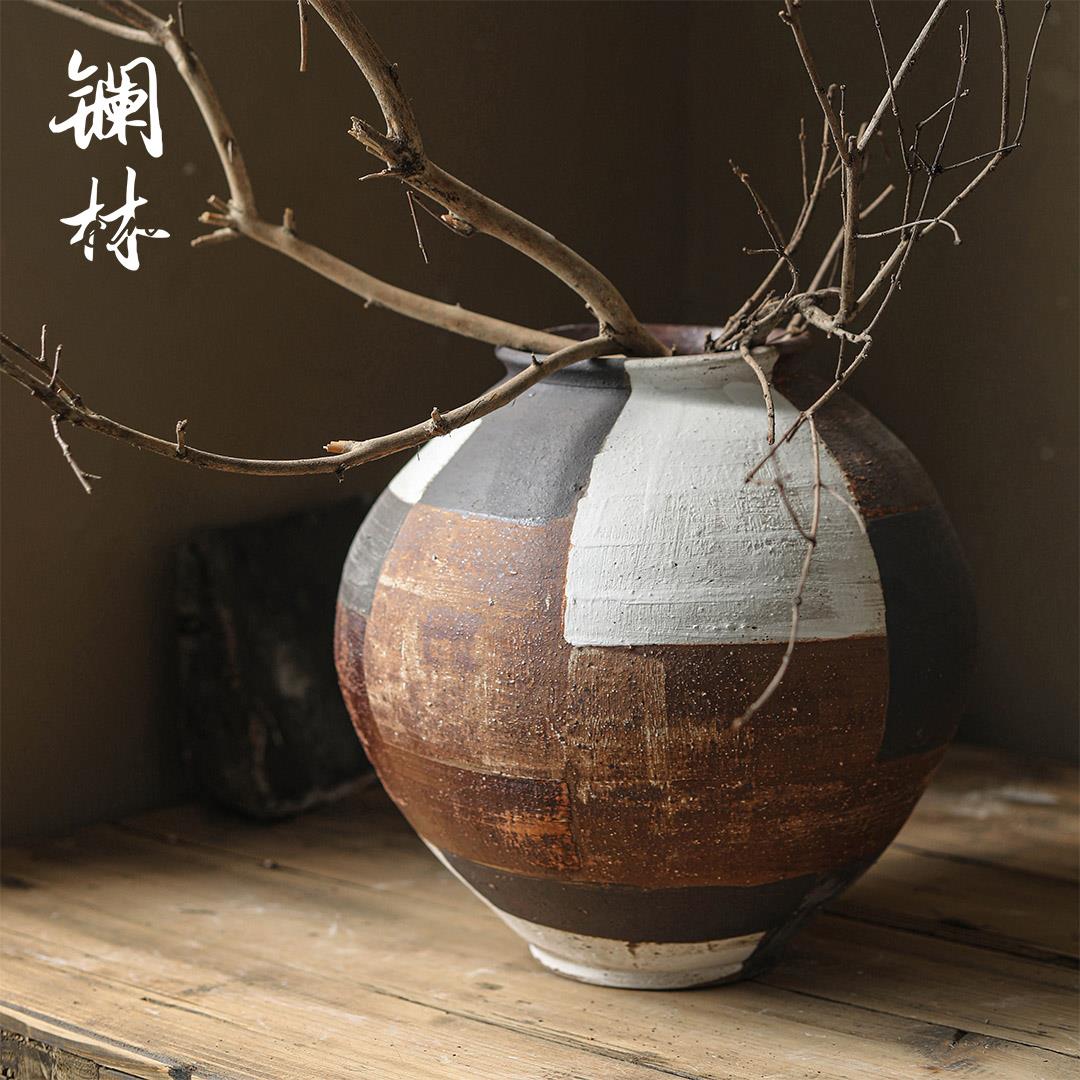 复古圆球形新中式陶瓷花瓶手工绘画怀旧粗陶室内摆件书柜插花装饰