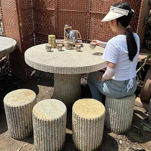 石磨茶桌茶台覆古石雕桌子凳子室内茶盘茶海户外圆形石桌石凳摆件