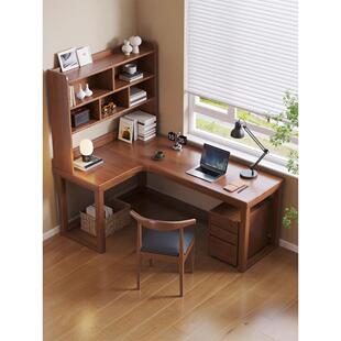 实木转角书桌带书架一体卧室家用L型学习桌小户型拐角靠墙电脑桌