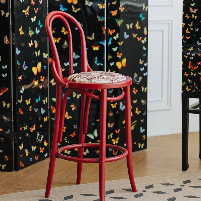 北欧复古18号高脚椅餐椅国风红色实木靠背椅子吧台椅软包高脚凳子