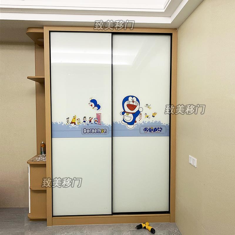 定做钢化玻璃贴膜推拉滑动趟门极简壁橱衣柜移门来图定制高光板门