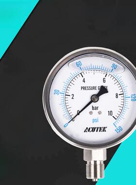 Acutek 304不锈钢耐冲击压力表Yn100Bf 16Bar G1/2蒸汽耐高温压力