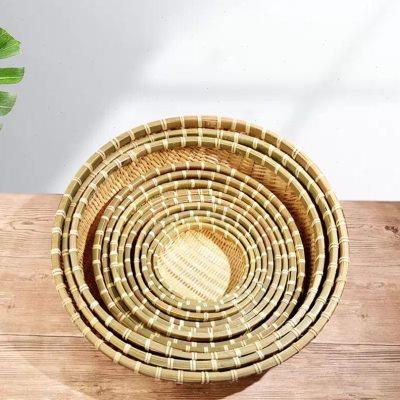竹编簸箕圆形筲箕竹筛子农家竹制品收纳筐家用有孔水果篮洗菜z圆