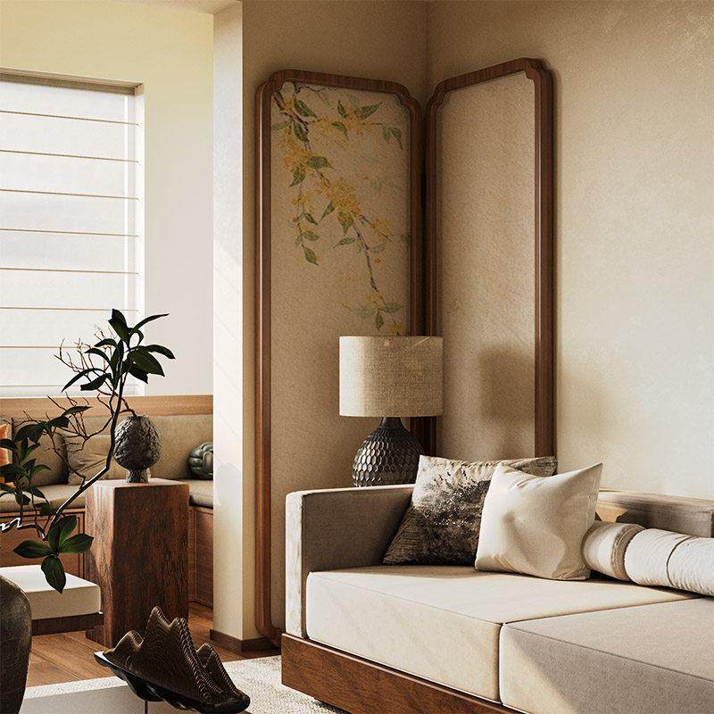 新中式宋代美学实木折叠屏风隔断客厅移动入户沙发背景墙装饰桂花