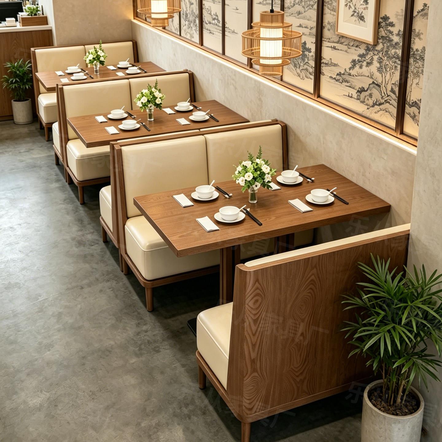 实木卡座沙发中式饭厅主题饭厅餐饮茶楼西餐厅桌椅商用组合