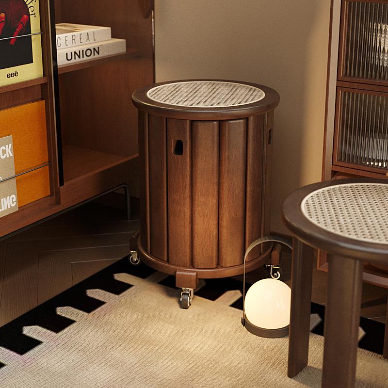 家小幸实木凳子可叠放家用带滑轮组合叠叠乐凳子客厅餐桌圆凳藤编