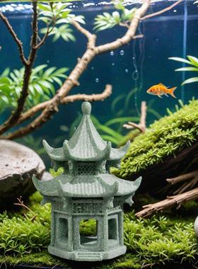 新中式盆景造景石亭楼阁摆件微景观鱼缸塔摆设假山流水装饰小配件