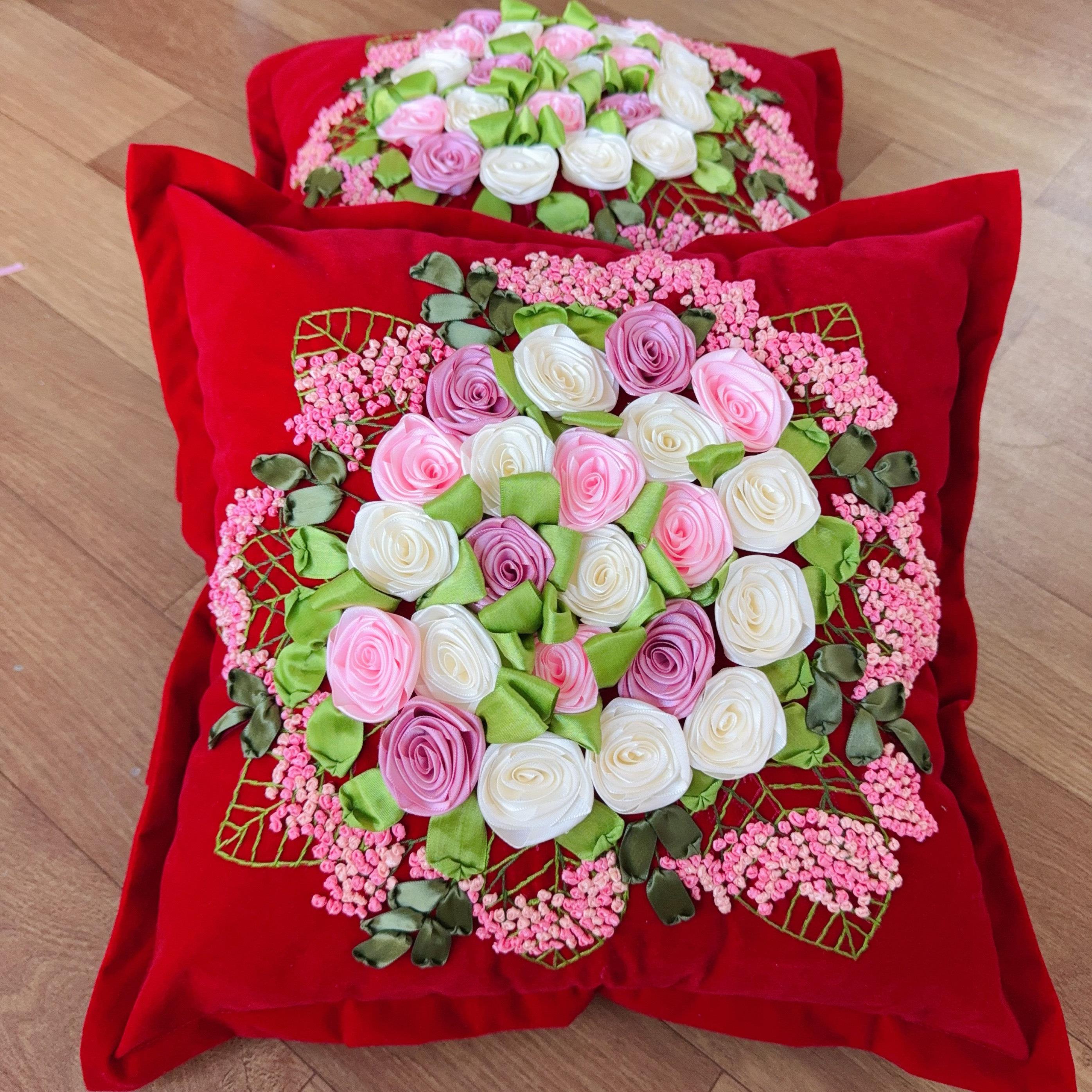 纯手工成品丝带绣DIY套件抱枕:花球送枕芯结婚送礼结婚抱枕