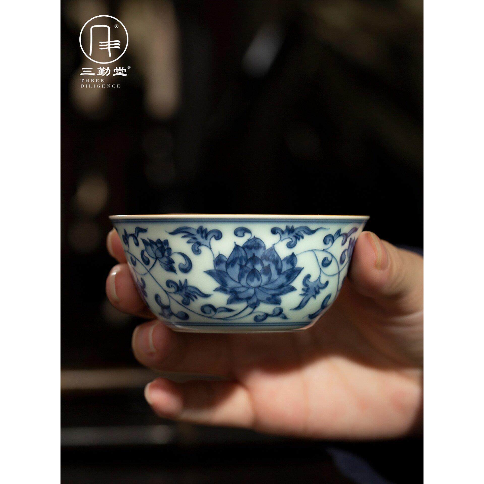 三勤堂青花缠枝莲彷古单杯手绘茶具景德镇鸡缸杯陶瓷功夫茶主人杯