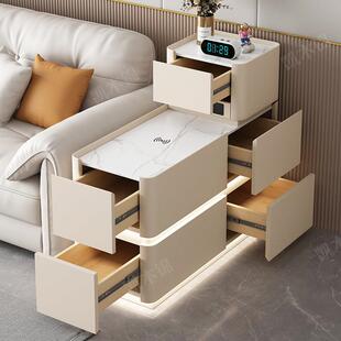 沙发边几扶手柜带灯带插座轻奢高级感小户型客厅多功能边柜置物柜