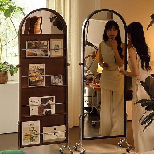 中古风实木全身家用全身镜可旋转置物覆古收纳杂志架卧室落地镜子