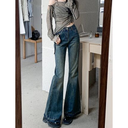 美式复古高腰微喇牛仔裤女春秋加绒2025新款不S贴腿宽松阔腿喇叭