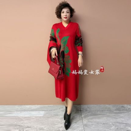 羊毛裙中长款红色本命年羊绒衫y秋冬妈妈过膝打底针织连衣裙配大