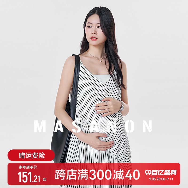 孕妇装吊带连体裙裤2024新x款夏季小个子连衣裙九分条纹背带阔腿