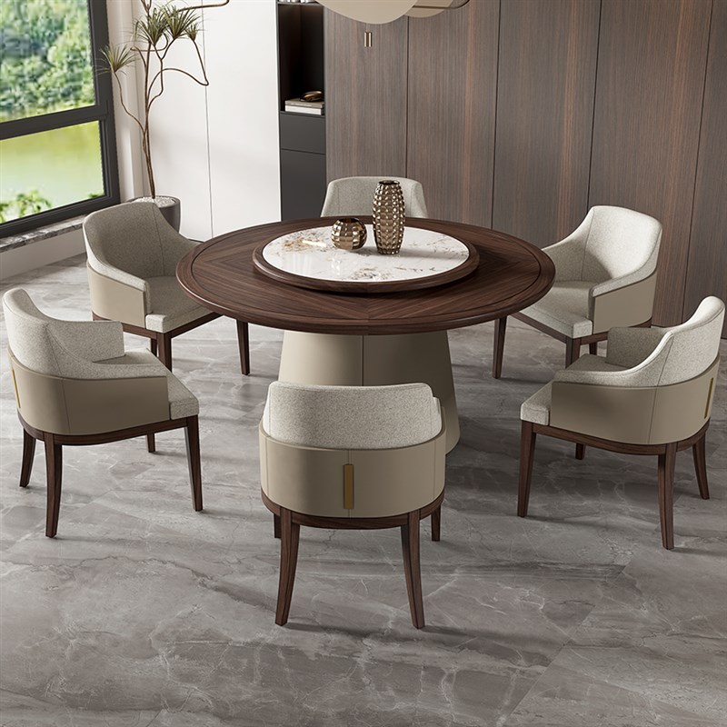 中式圆桌黑胡桃木新中式别墅大小户型餐桌椅组合家用餐厅家具定制