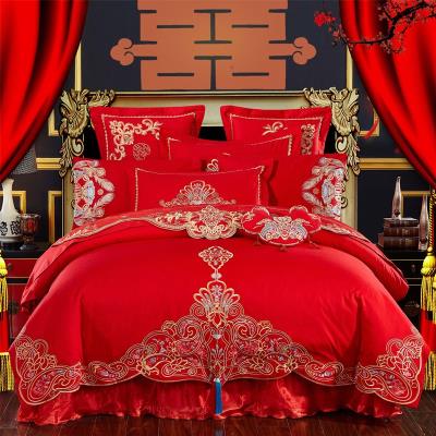o婚庆刺绣结婚房喜被子六八十件套纯棉床上用 被子结婚四件套中式