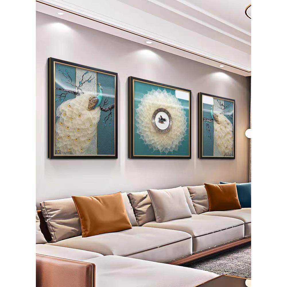 新中式客厅装饰画沙发背景墙挂画高档实物立体画孔雀菩提叶三联画