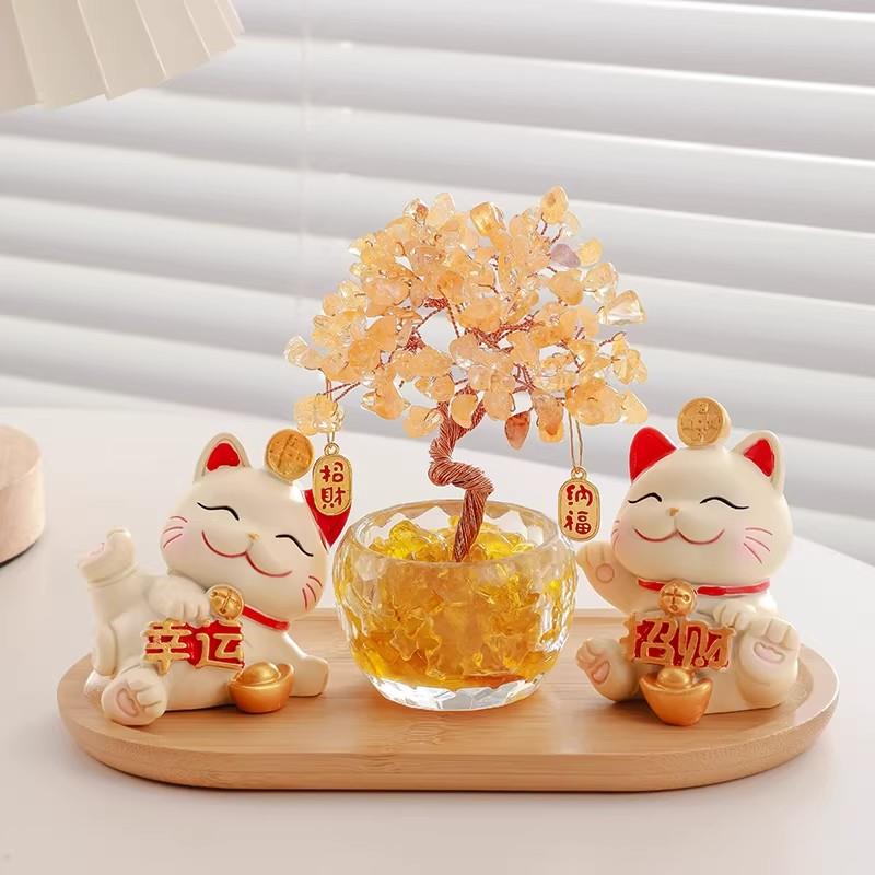 创意招财猫水晶发财树入户玄关桌面摆件办公室装饰品乔迁生日礼物
