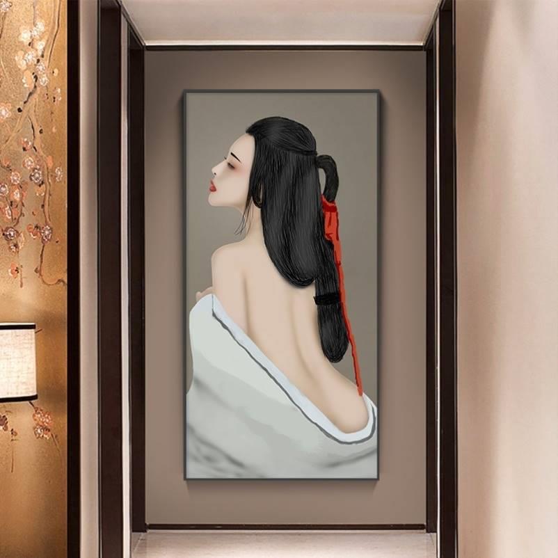 仕女画装饰画中国风挂画日料店软装背景墙壁画古代美女国画复古风