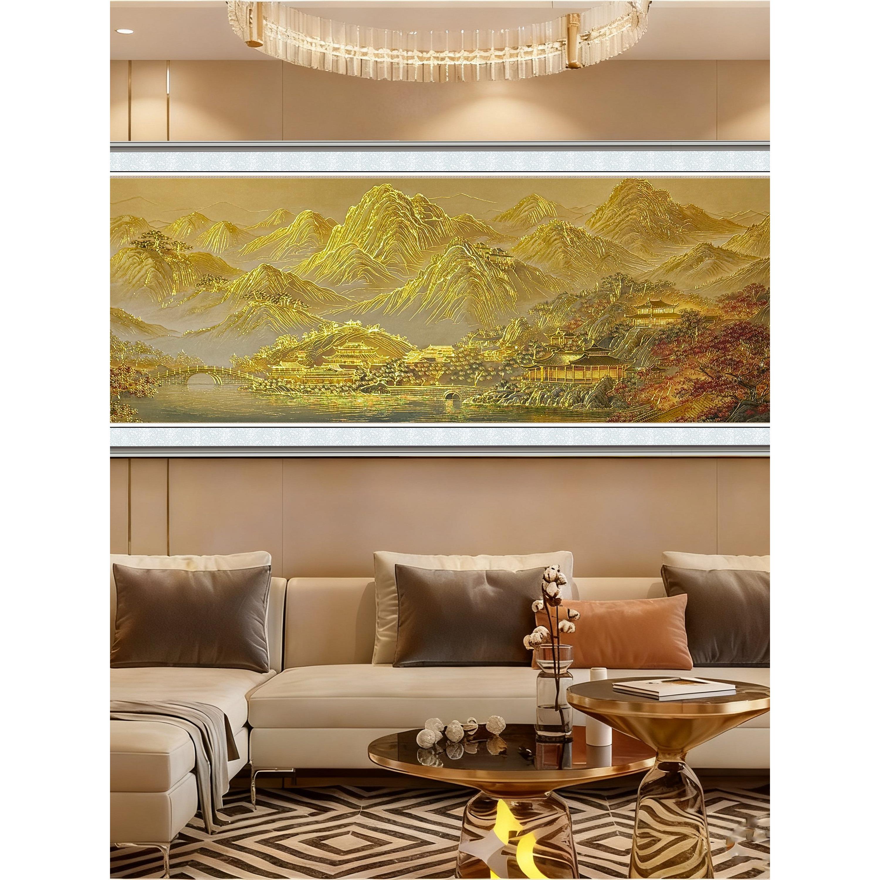 新中式浮雕描金山水画客厅装饰画背靠金山聚宝盆现代轻奢沙发背景