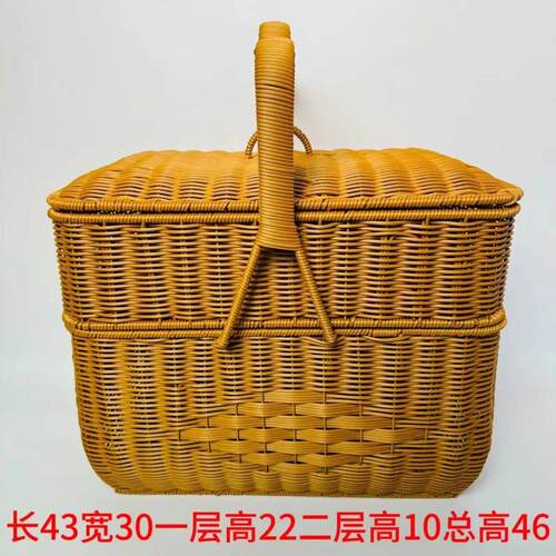 彷藤手工编二层拜神篮拜祖公篮子加大号长方形拜山篮拜拜篮野餐篮