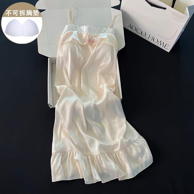 夏季新款睡衣女冰丝带胸垫高级感吊带睡裙甜美蝴蝶结小个子家居服