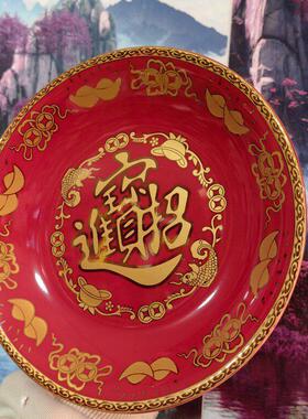 供财神果盘关公土地城隍赵天君红色描金水果供盘陶瓷佛堂摆件玄关