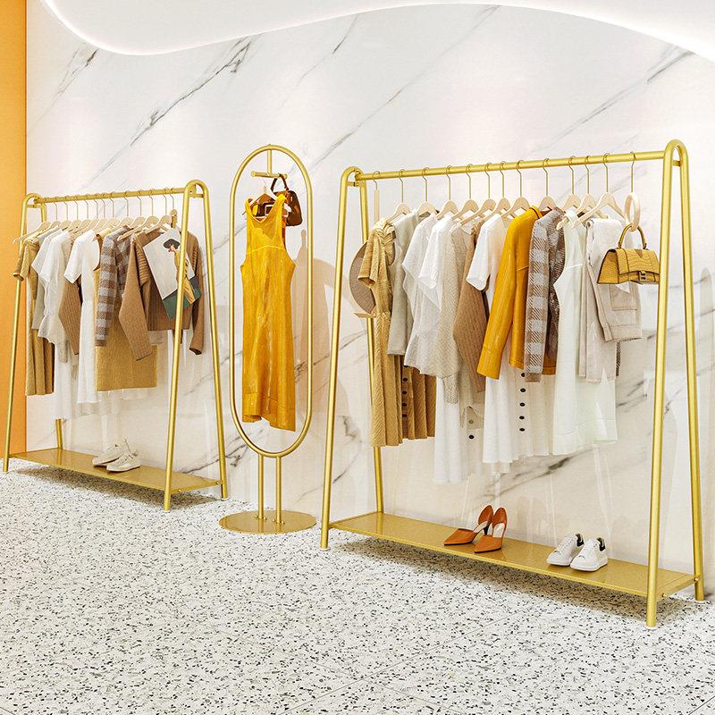 货架服装店铁艺金色落地式衣服陈列架卧室家用挂衣架女装店展示架