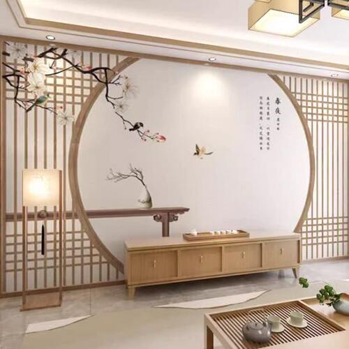 3D新中式电视背景竹木纤维集成墙板8D古风花鸟客厅沙发影视护墙板
