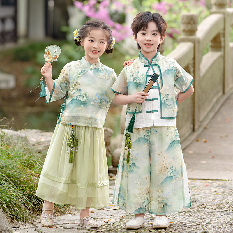 左西汉服男童夏装女童国风唐装表演服儿童新中式套装宝宝高端国学