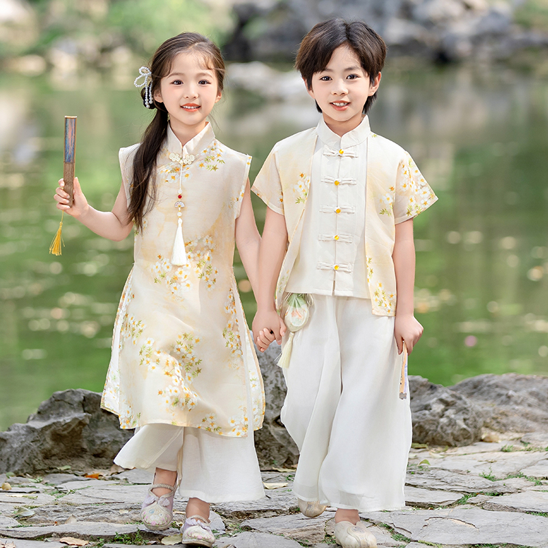 左西儿童汉服男童国风日常套装春夏季中式唐装女孩超仙古装六一演