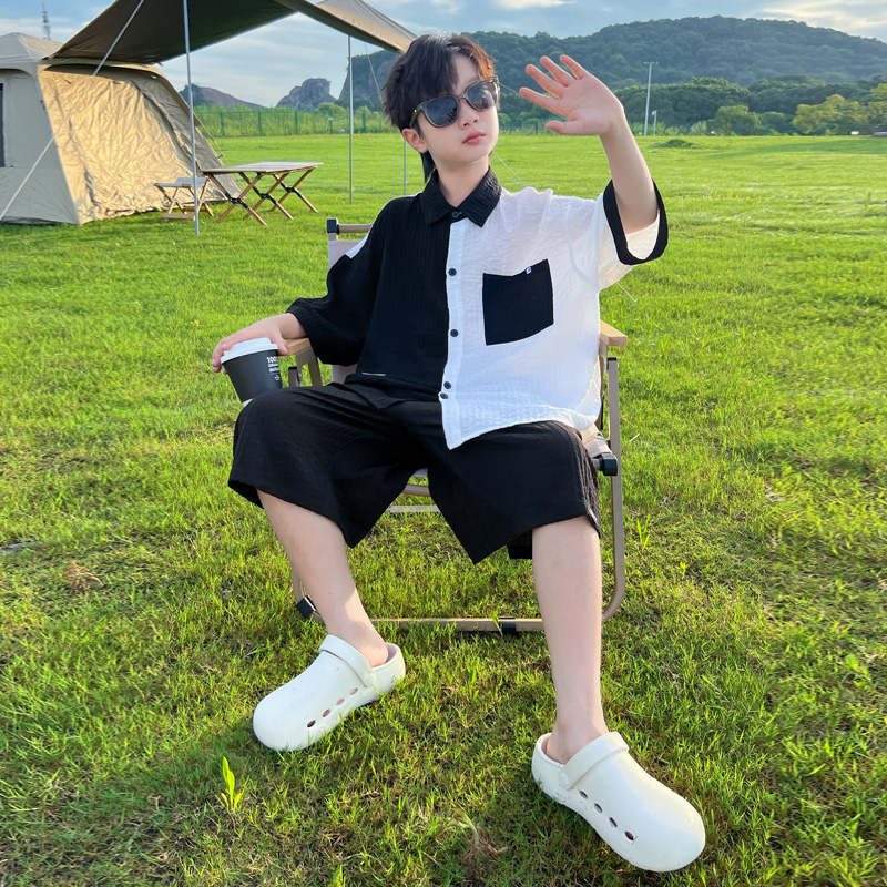 左西男童夏装套装2025新款儿童夏季短袖衬衫两件套大童痞帅男孩炸
