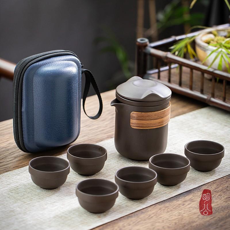 紫砂快客杯一壶六杯旅行茶具便携包套装户外泡茶专用陶瓷茶具小套