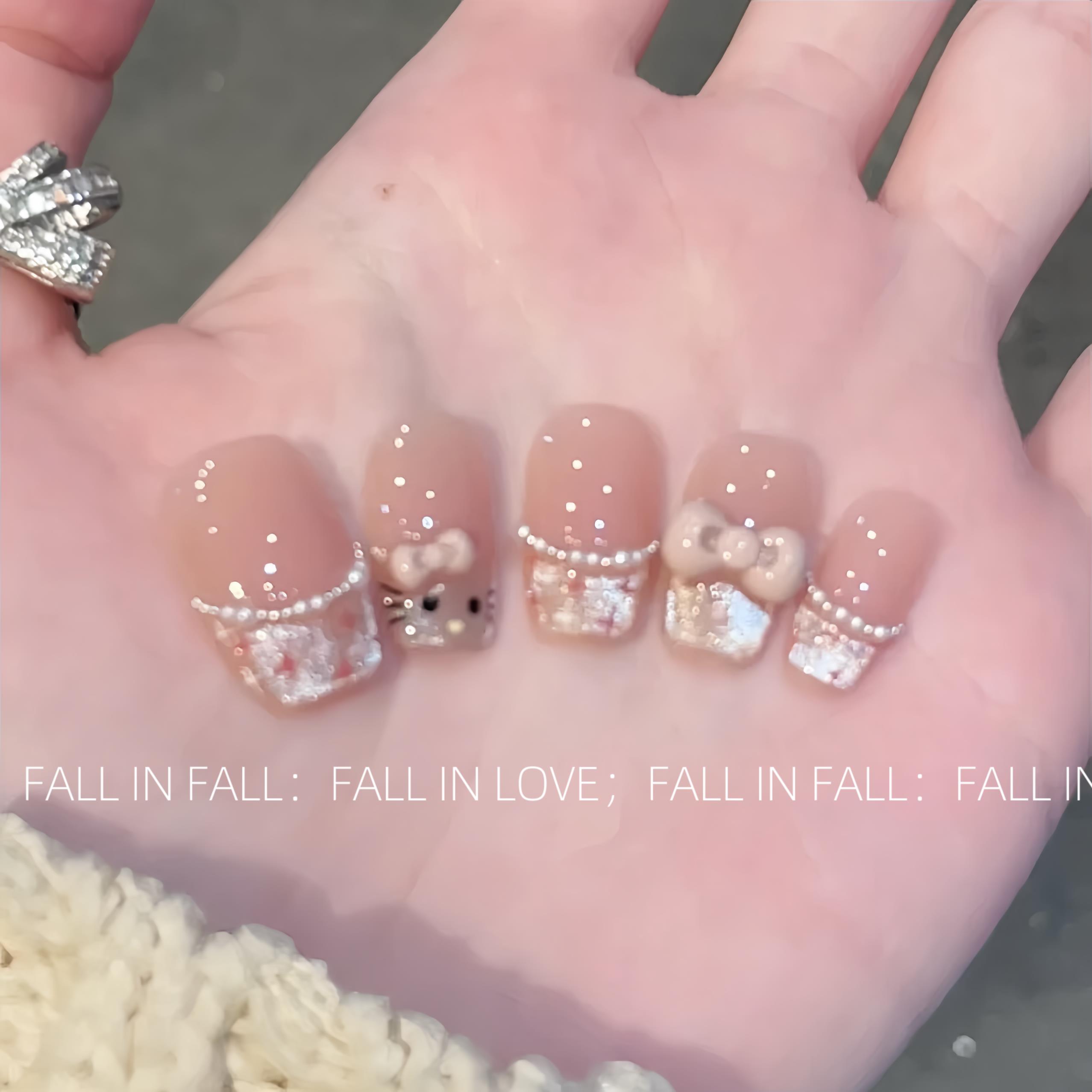 【甜心猫猫】法式晶石猫眼手绘KT猫珍珠蝴蝶结高级感手工穿戴甲