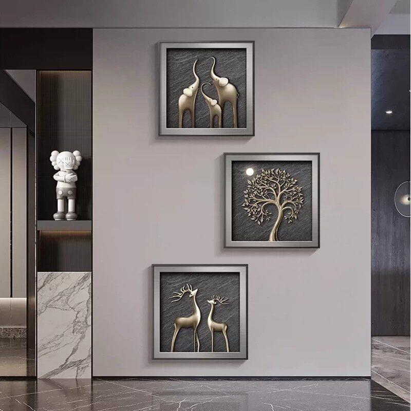 现代简约立体装饰画客厅沙发背景墙挂画大象鹿树三联壁画现代挂画