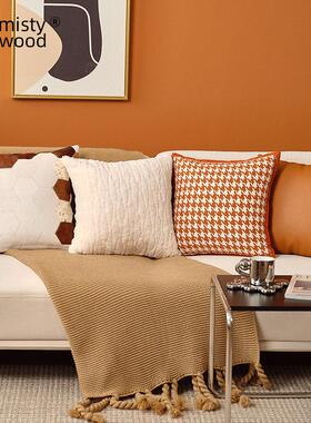 抱枕沙发客厅轻奢高级感真皮法式橙色抱枕套现代简约牛皮靠枕靠垫