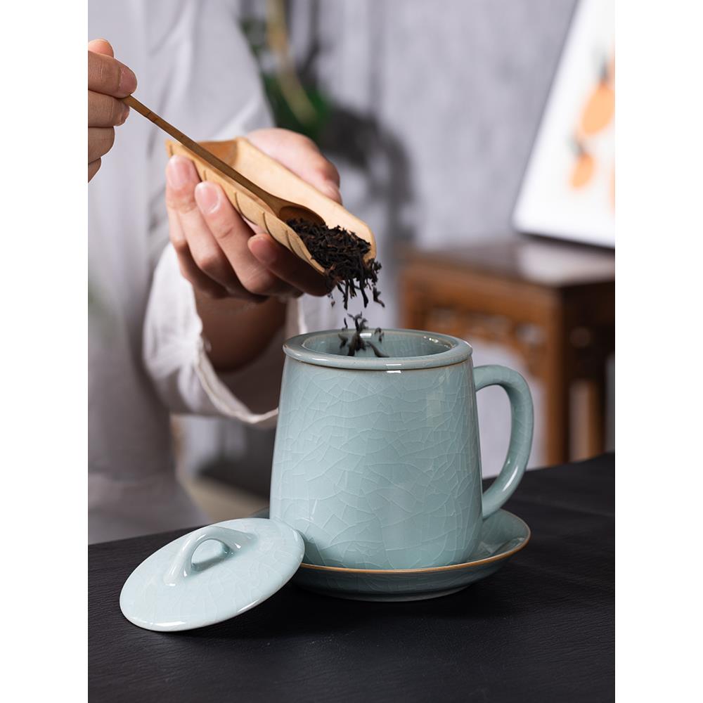 泡茶杯茶水分离带过滤茶漏龙泉青瓷马克杯办公室会议高档陶瓷杯子
