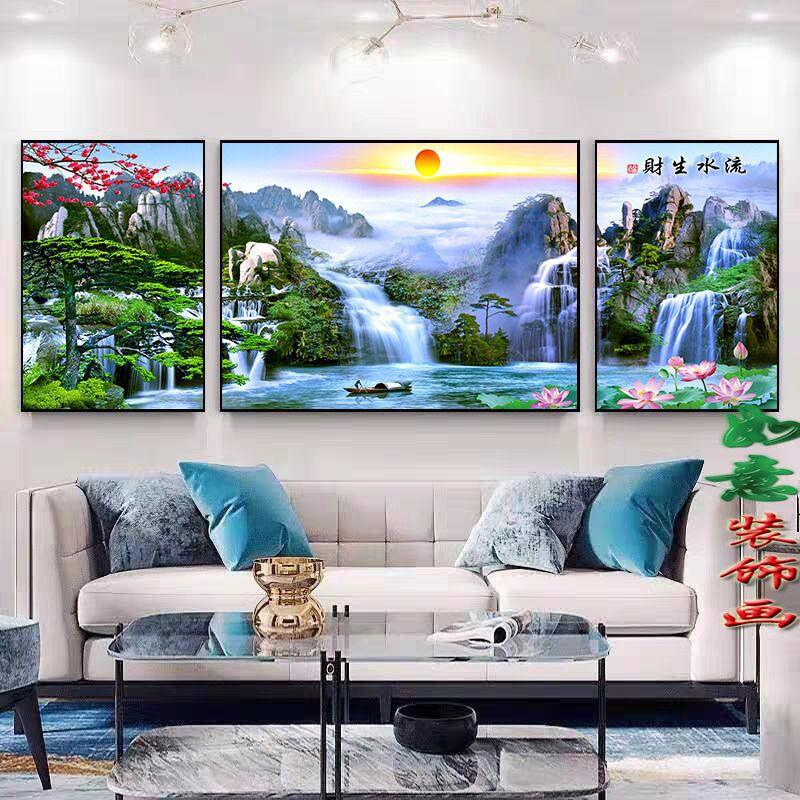 新中式客厅装饰画沙发背景墙三联画挂画山水画风水招财中国风壁画