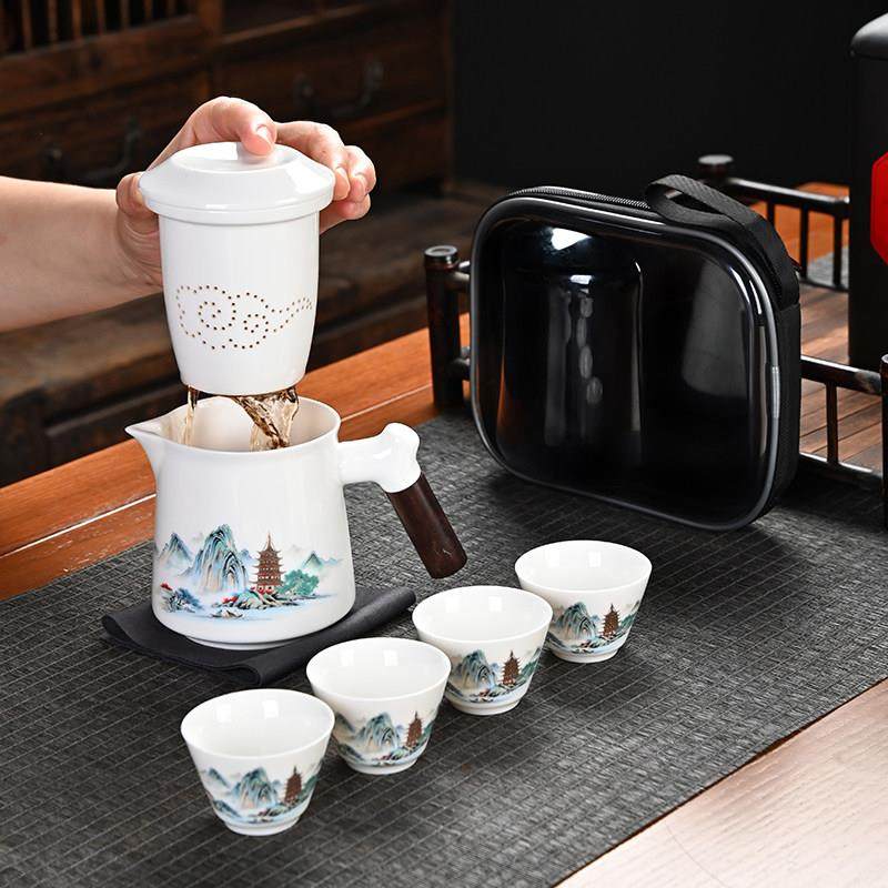 可携式快客杯旅行茶具套组羊脂玉白瓷一壶四杯泡茶壶高档功夫茶杯,餐饮具,旅行茶具,淘宝优惠券,粉丝福利购,淘宝优惠卷