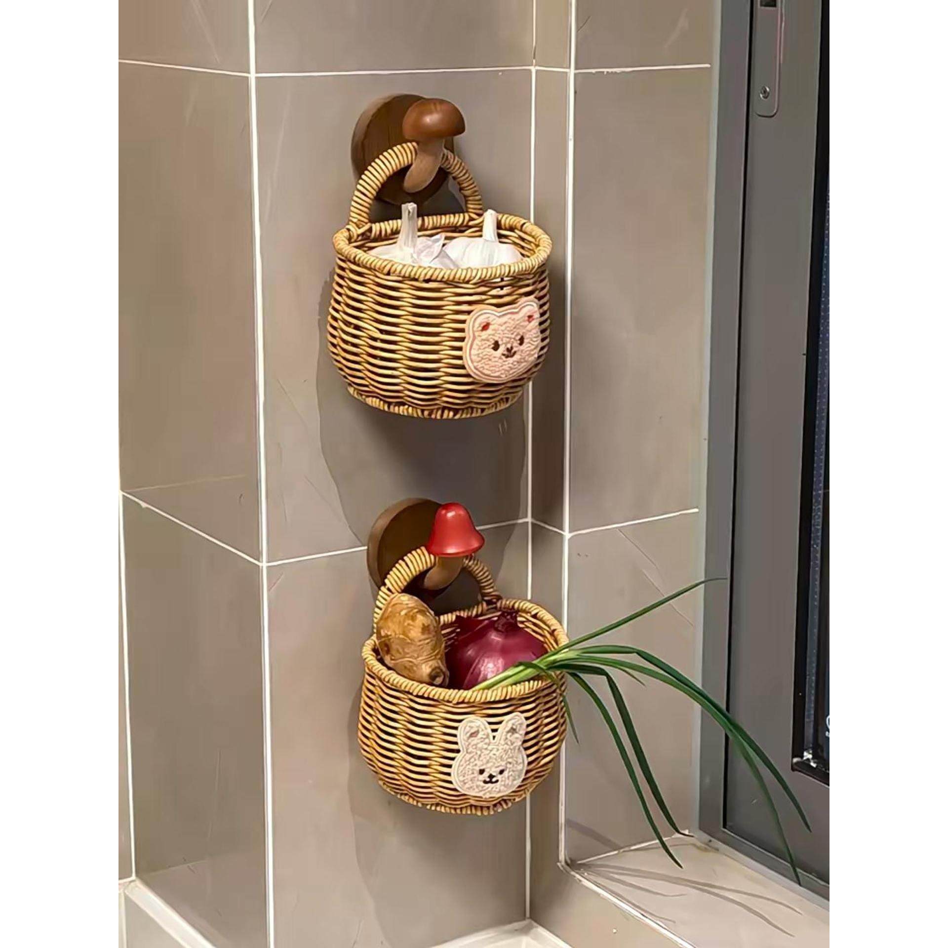 姜蒜收纳篮卡通小熊厨房藤编织鸡蛋生姜大蒜收纳筐壁挂式置物盒,收纳整理,收纳筐,淘宝优惠券,粉丝福利购,淘宝优惠卷