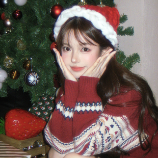 圣诞节氛围感 扮拍照道具头饰女秋冬保暖帽 红色毛线圣诞帽节日装